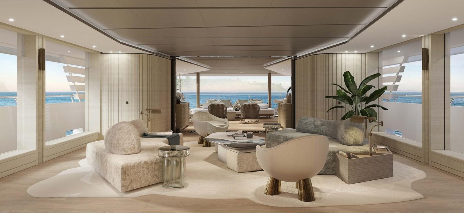 a room with a couch and a table and a plant aboard PROJECT SECRET Yacht for Sale