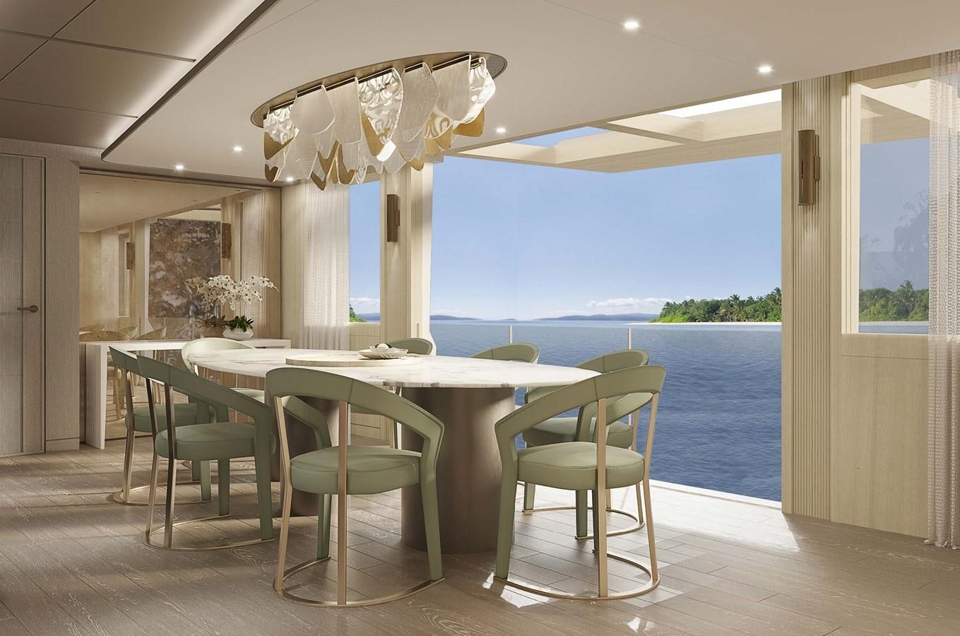 a dining table and chairs in a room with a large body of water aboard PROJECT SECRET Yacht for Sale