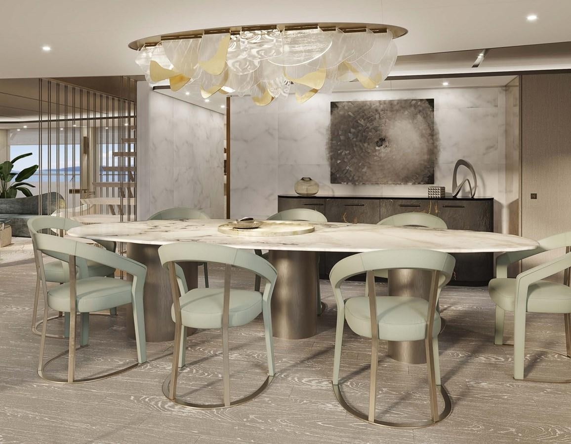 a kitchen with a table and chairs aboard PROJECT SECRET Yacht for Sale