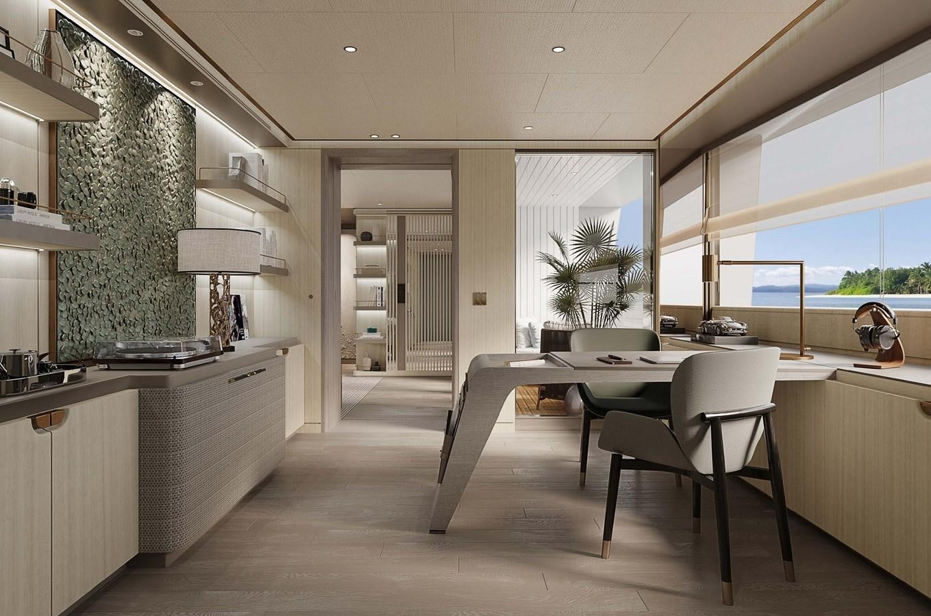 a kitchen with a table and chairs aboard PROJECT SECRET Yacht for Sale