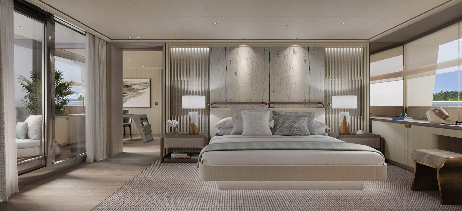 a large bedroom with a large bed aboard PROJECT SECRET Yacht for Sale