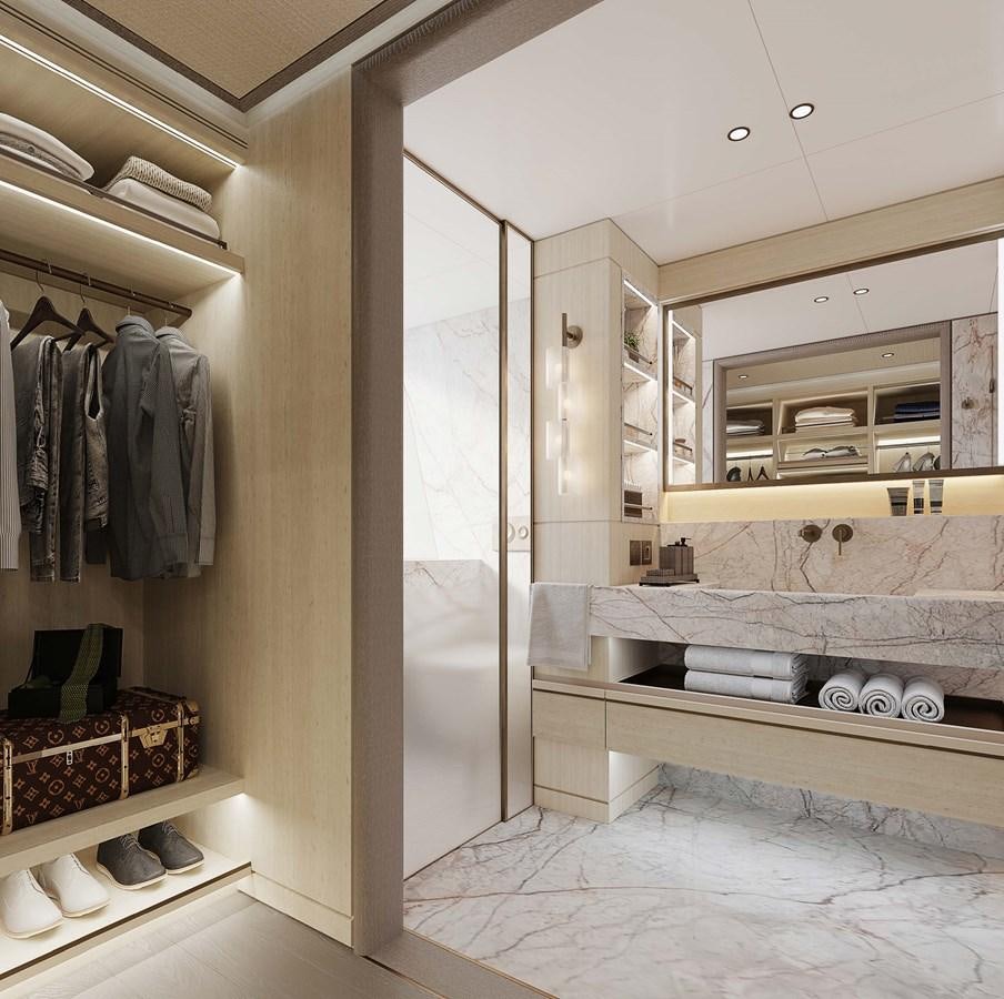 a large bathroom with a large closet aboard PROJECT SECRET Yacht for Sale