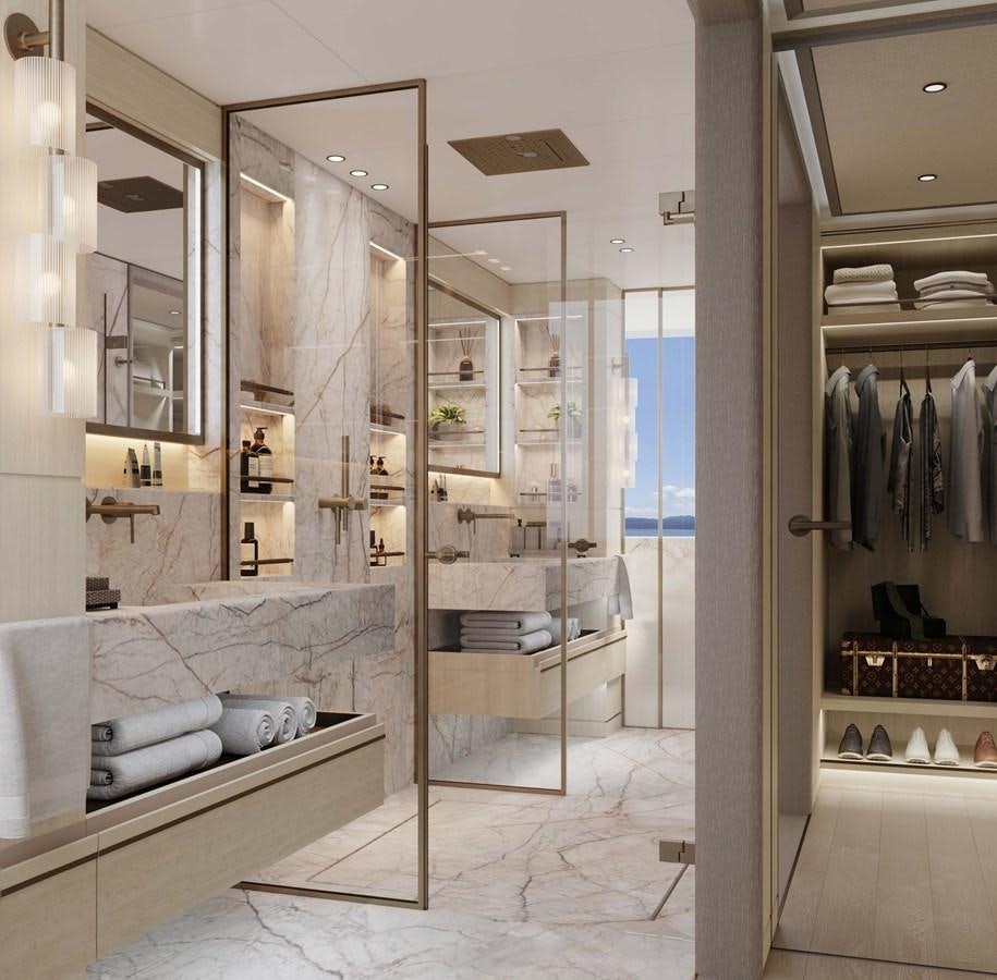 a bathroom with a glass shower aboard PROJECT SECRET Yacht for Sale