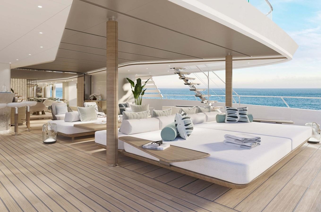 a large white bed in a room aboard PROJECT SECRET Yacht for Sale