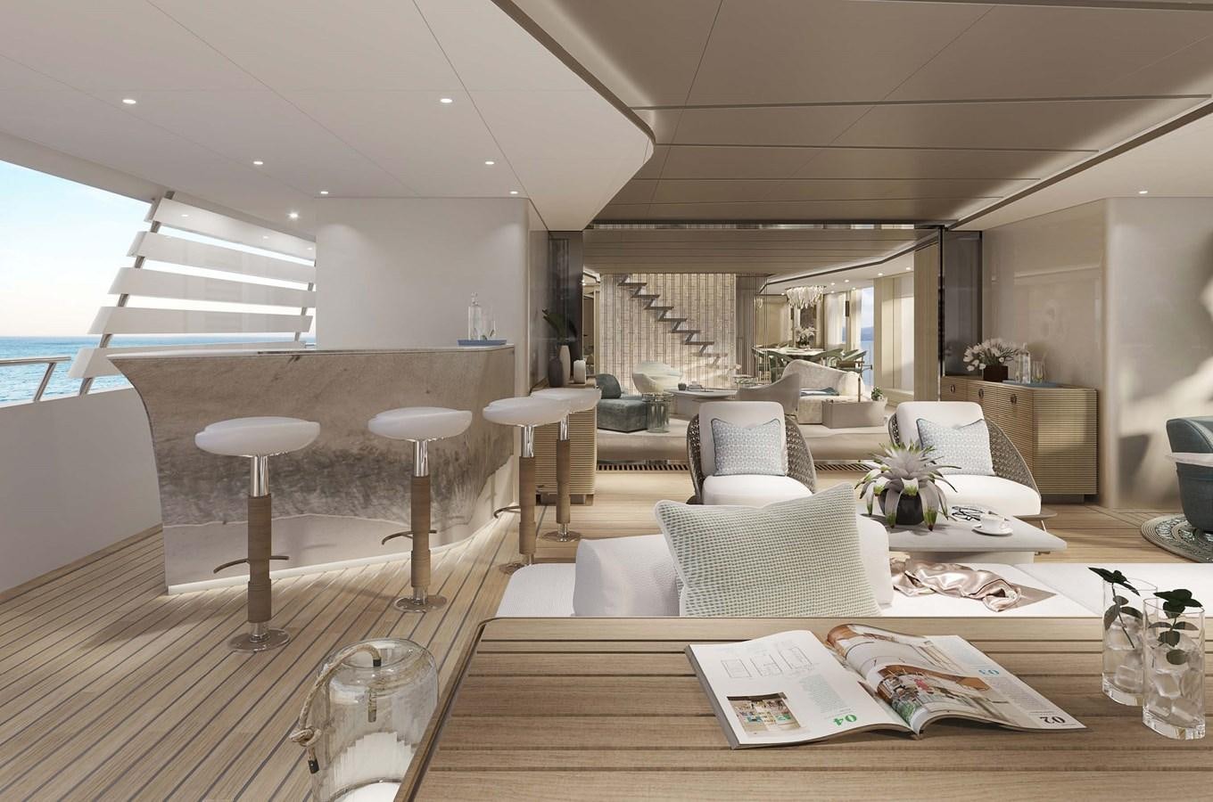 a modern living room with a wood floor aboard PROJECT SECRET Yacht for Sale