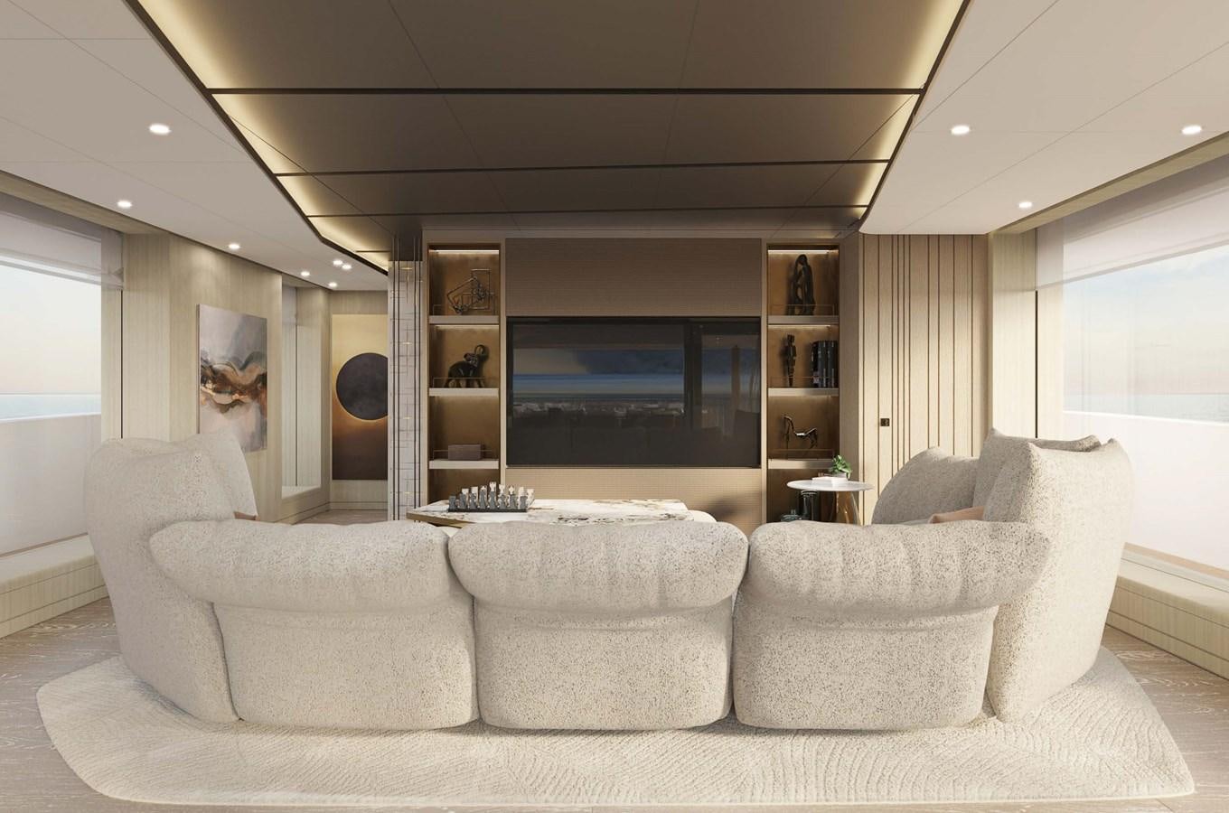 a living room with a large fireplace aboard PROJECT SECRET Yacht for Sale