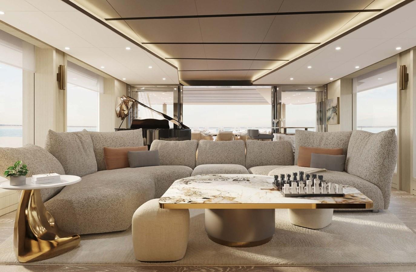 a living room with a couch and a coffee table aboard PROJECT SECRET Yacht for Sale