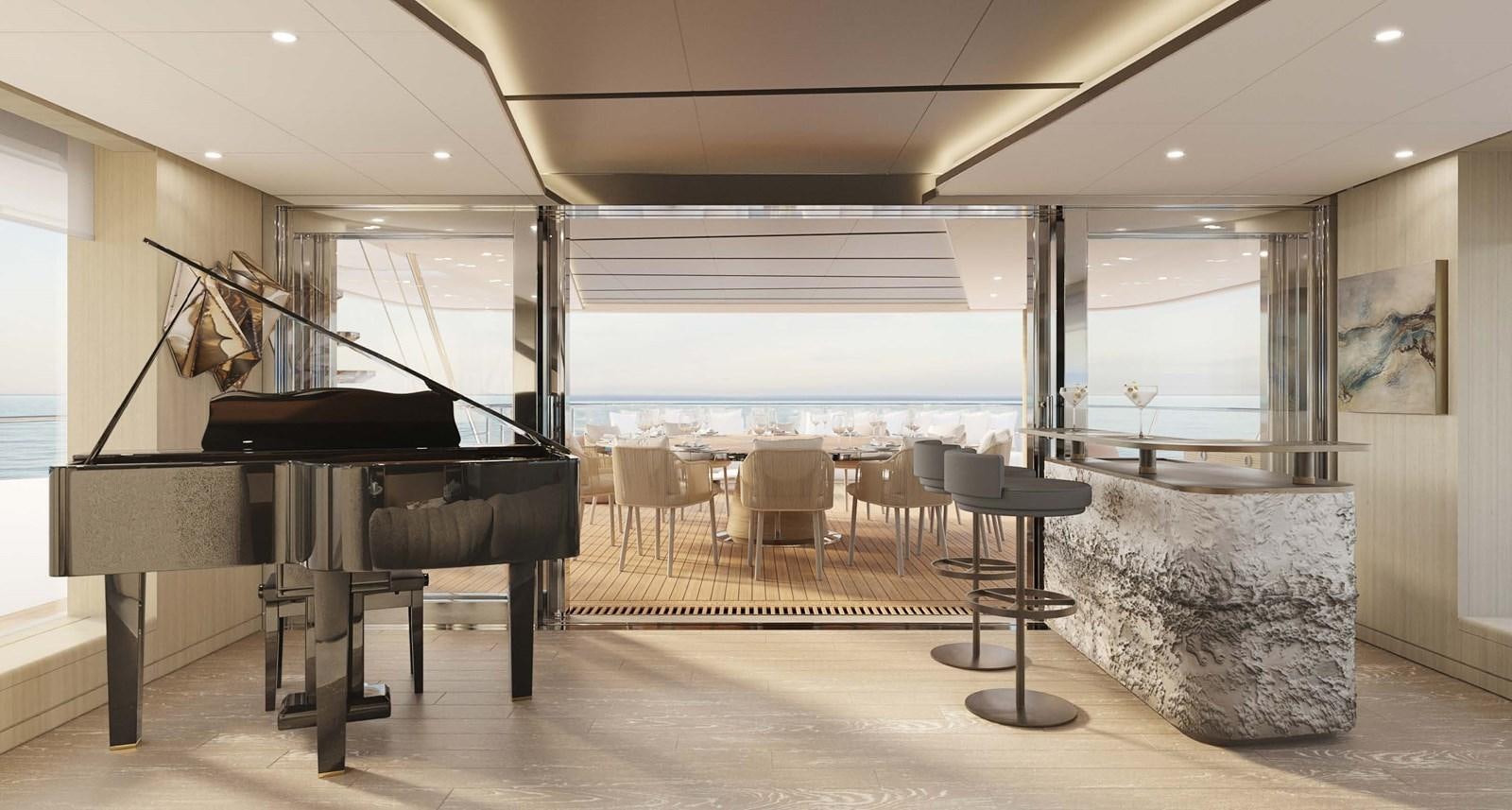 a room with a piano and chairs aboard PROJECT SECRET Yacht for Sale