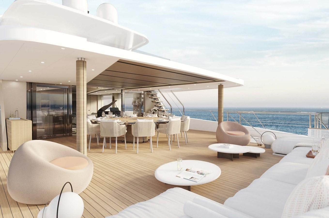 a room with a table chairs and a large body of water aboard PROJECT SECRET Yacht for Sale