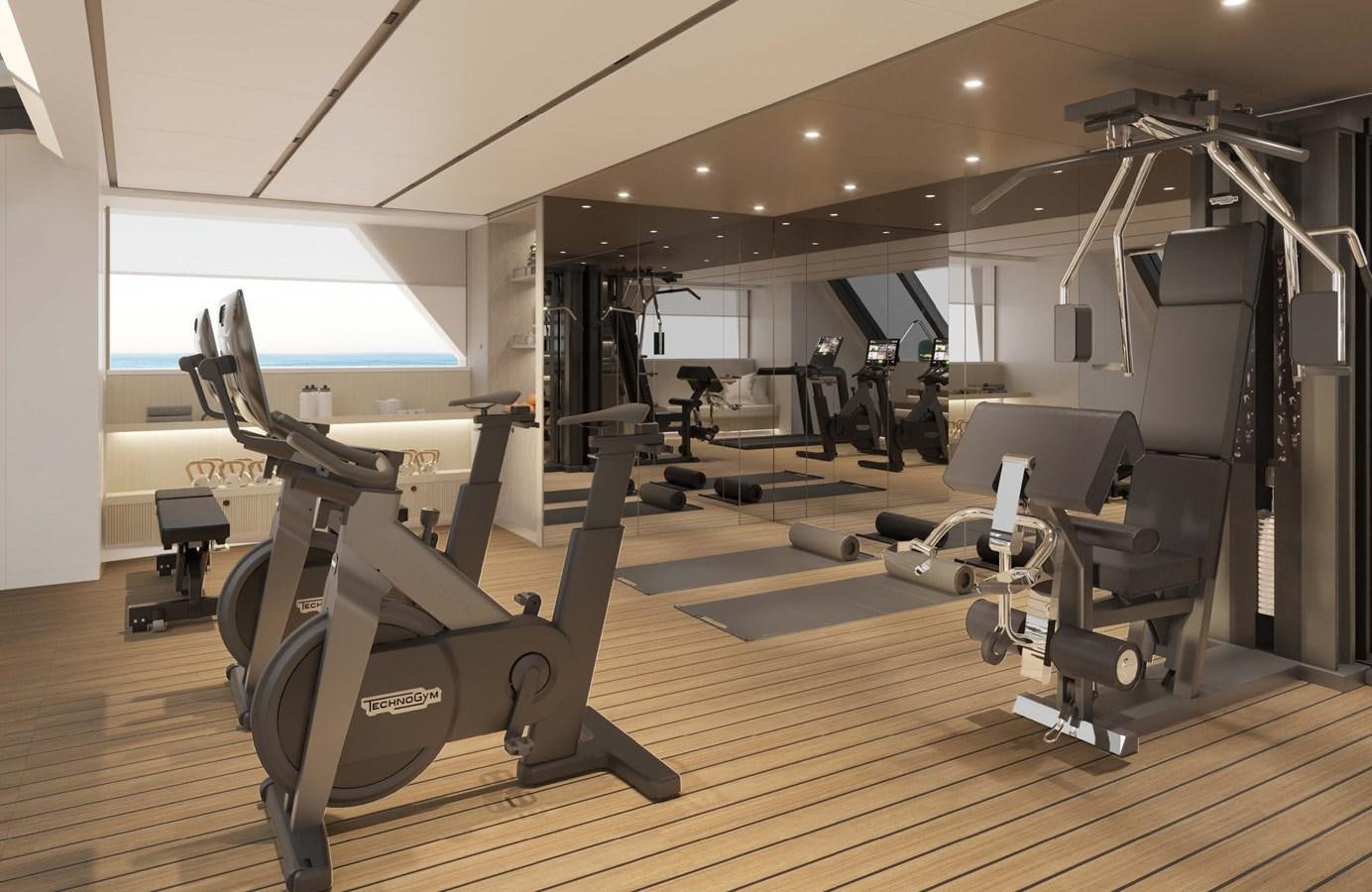 a gym with exercise equipment aboard PROJECT SECRET Yacht for Sale