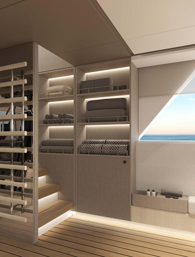 a white shelving unit with shelves aboard PROJECT SECRET Yacht for Sale