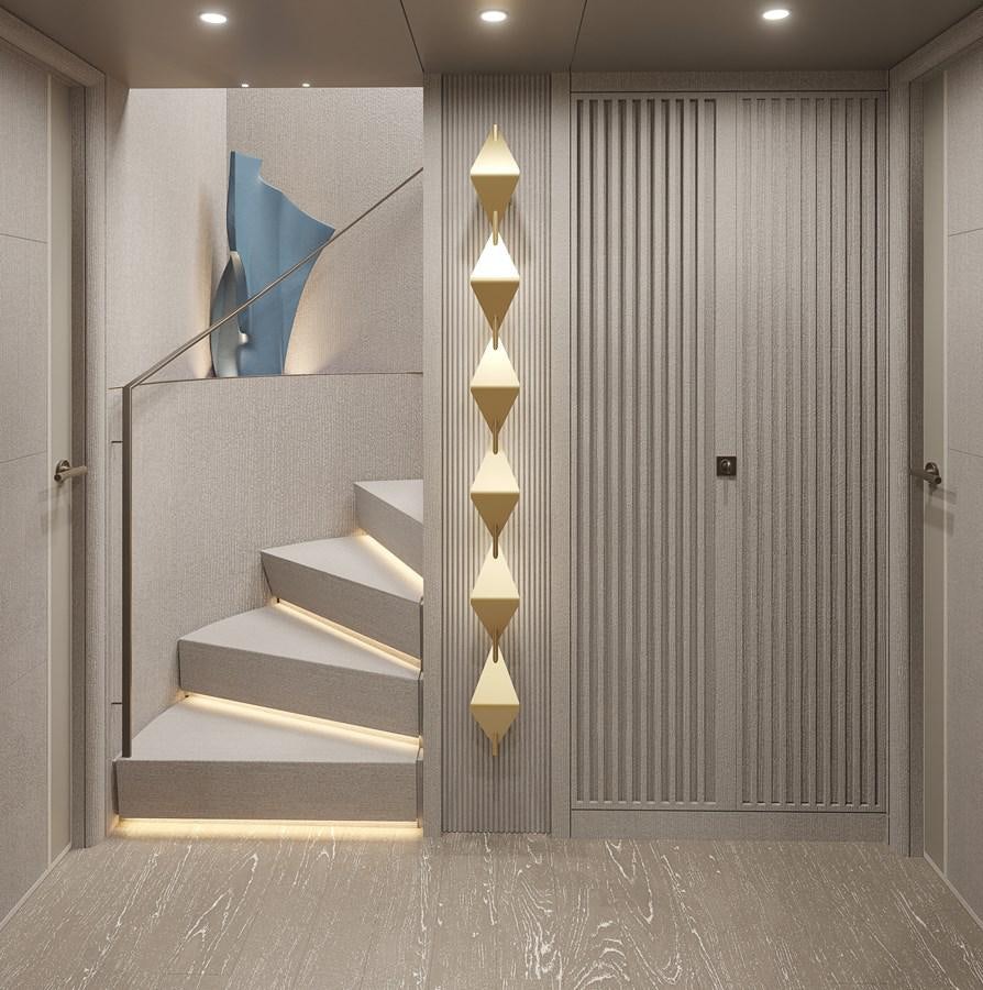 a staircase with a light on the side aboard PROJECT SECRET Yacht for Sale