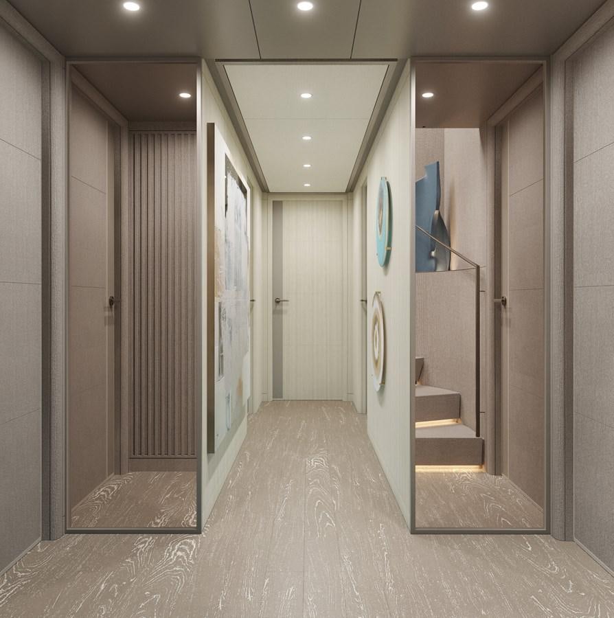 a hallway with doors aboard PROJECT SECRET Yacht for Sale