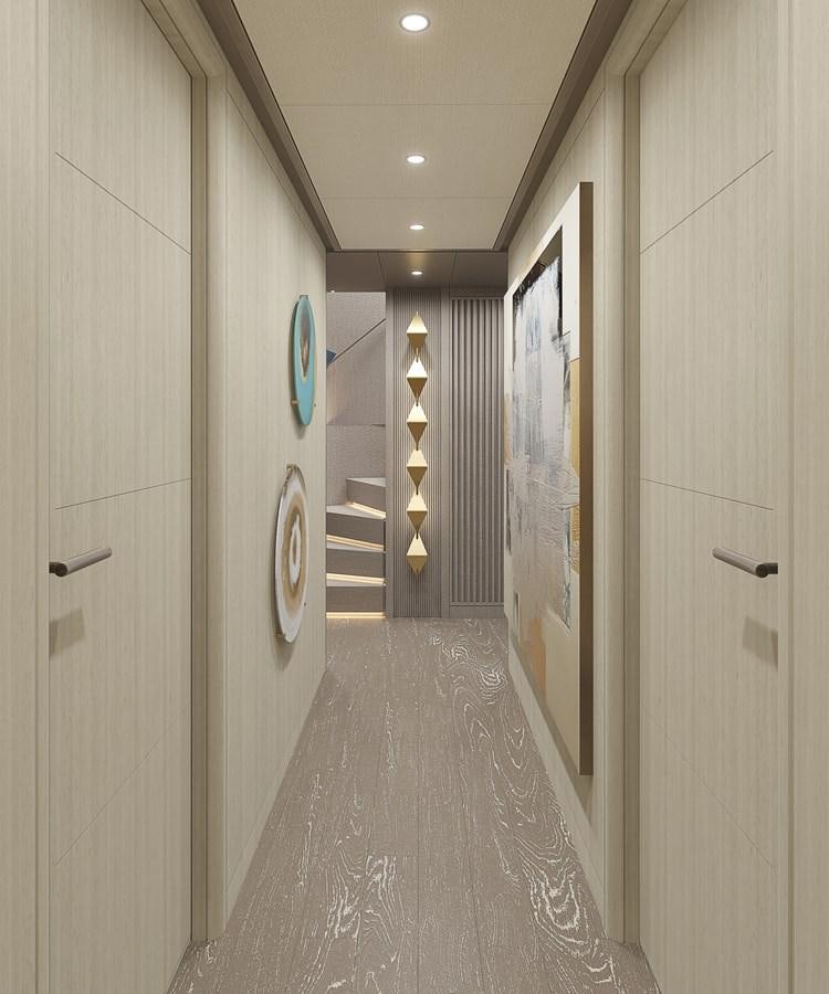 a hallway with a door and a painting on the wall aboard PROJECT SECRET Yacht for Sale