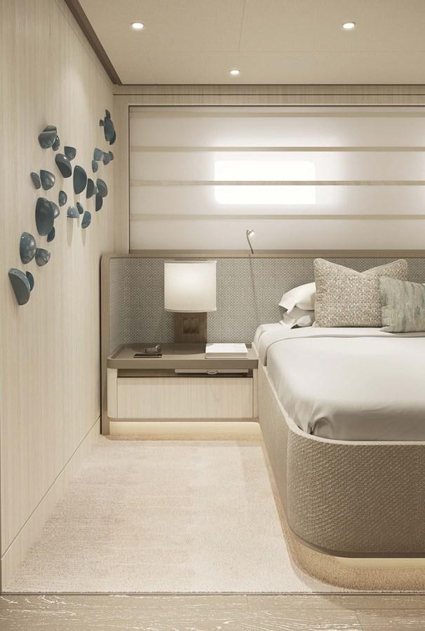 a room with a bed and a lamp aboard PROJECT SECRET Yacht for Sale