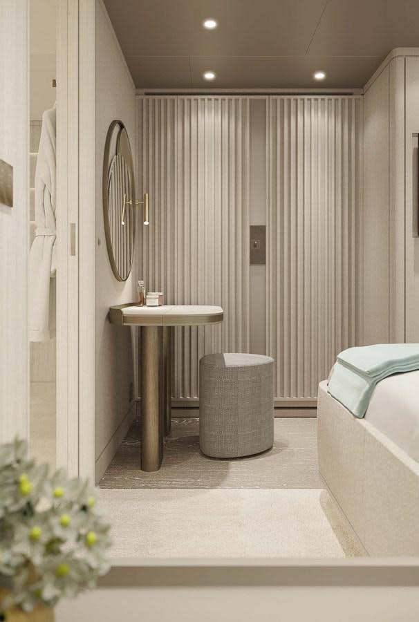 a white bathroom with a round table aboard PROJECT SECRET Yacht for Sale