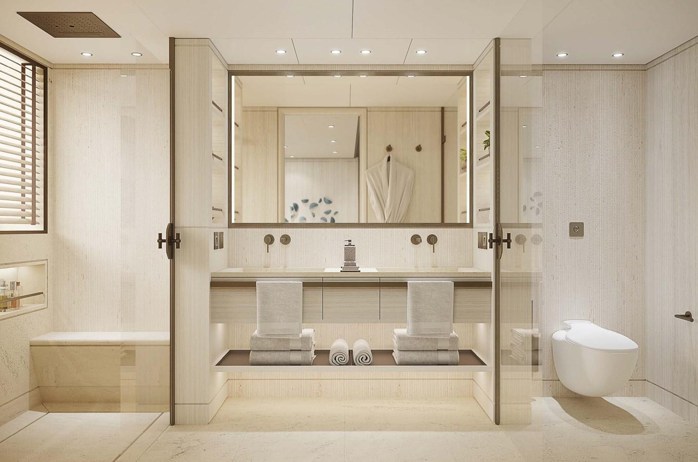 a bathroom with a large mirror aboard PROJECT SECRET Yacht for Sale