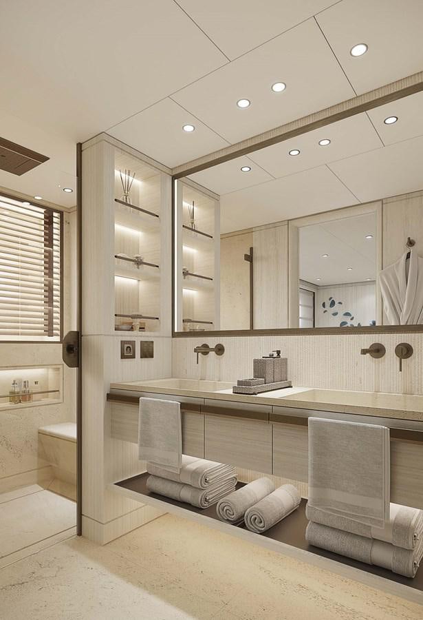 a bathroom with a large mirror aboard PROJECT SECRET Yacht for Sale