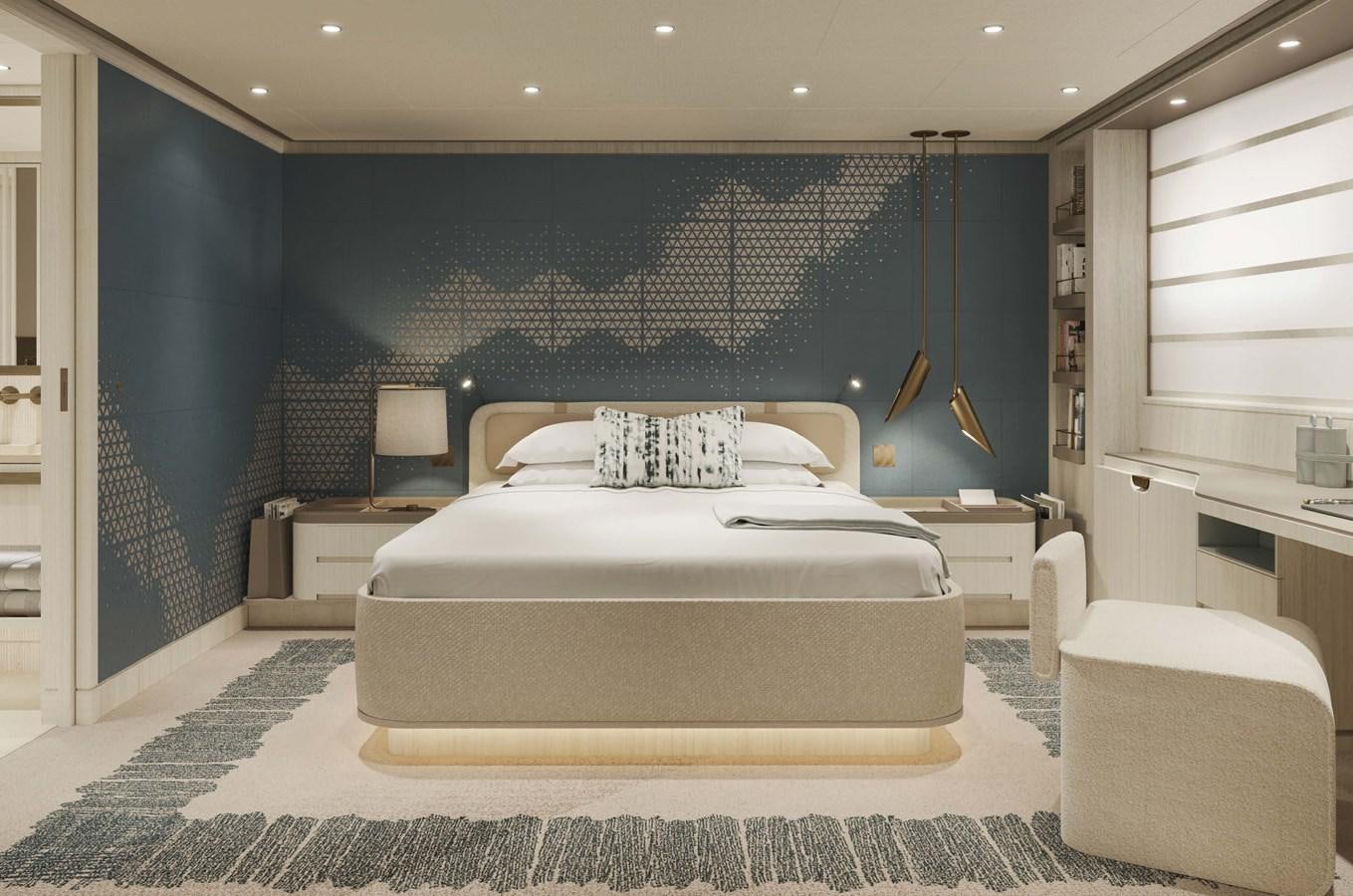 a bedroom with a bed and a desk aboard PROJECT SECRET Yacht for Sale