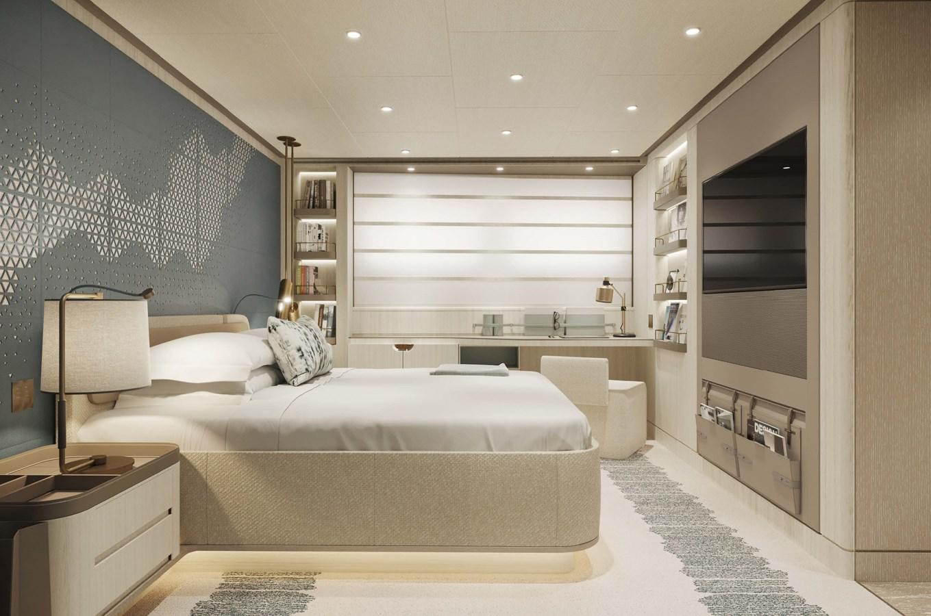 a bedroom with a large bed aboard PROJECT SECRET Yacht for Sale