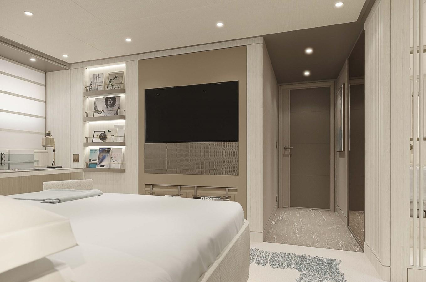 a bedroom with a tv and a bed aboard PROJECT SECRET Yacht for Sale