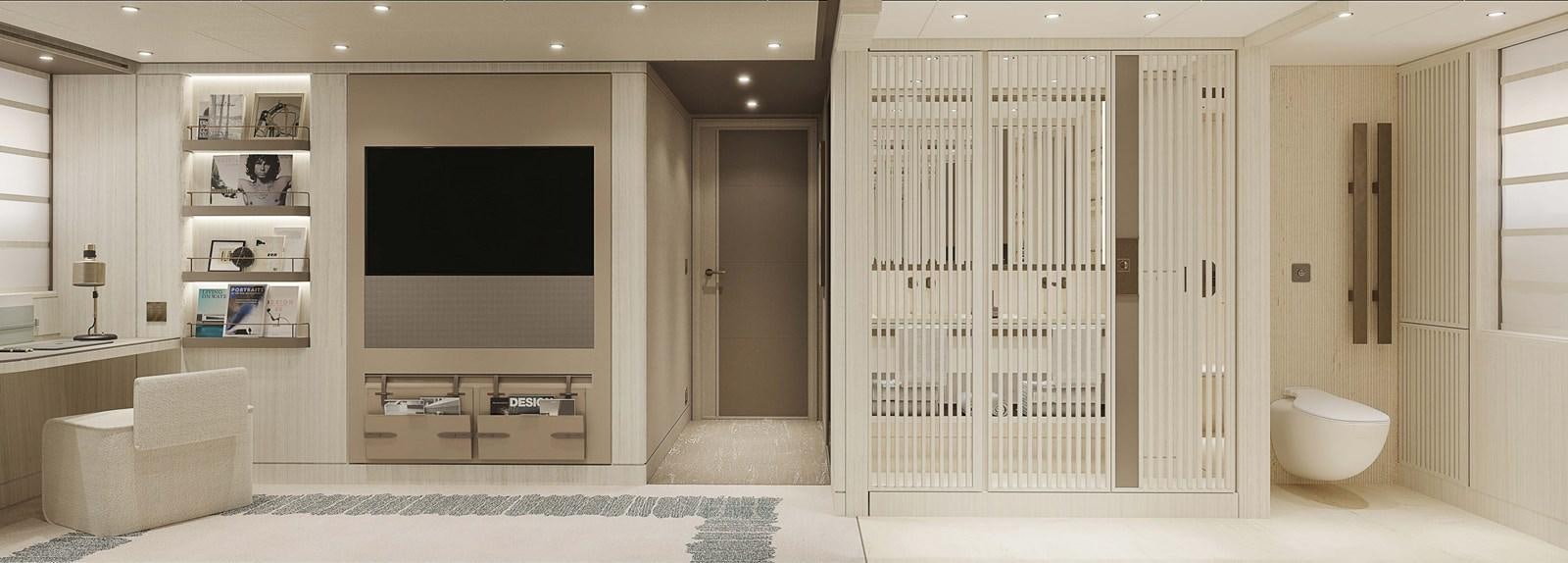 a room with a tv and a couch aboard PROJECT SECRET Yacht for Sale