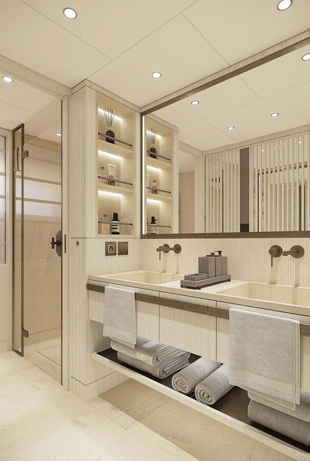 a bathroom with a large mirror aboard PROJECT SECRET Yacht for Sale