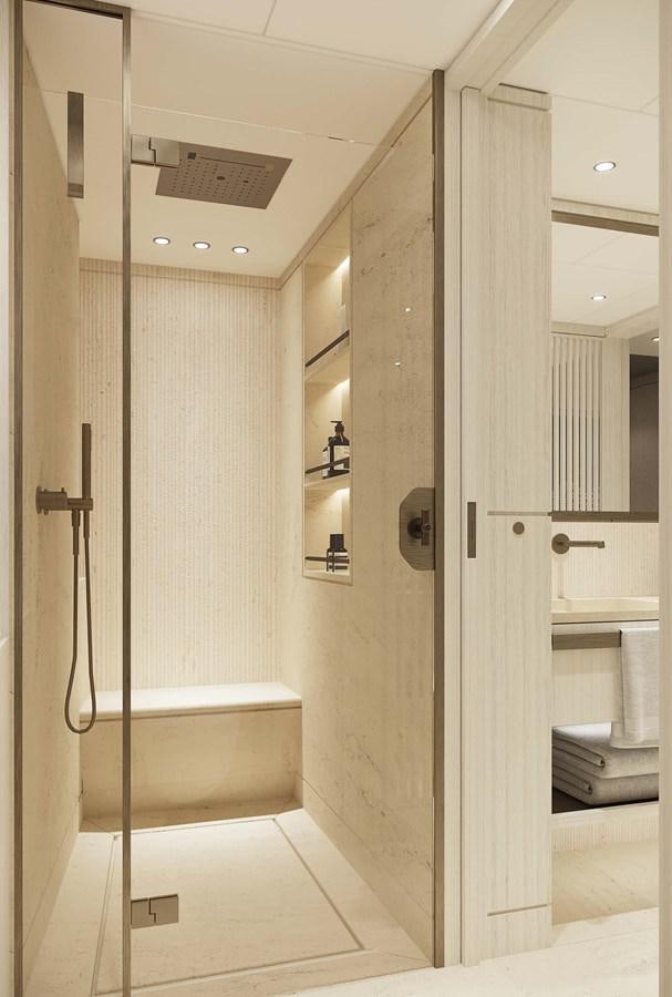 a bathroom with a shower unit and a sink aboard PROJECT SECRET Yacht for Sale