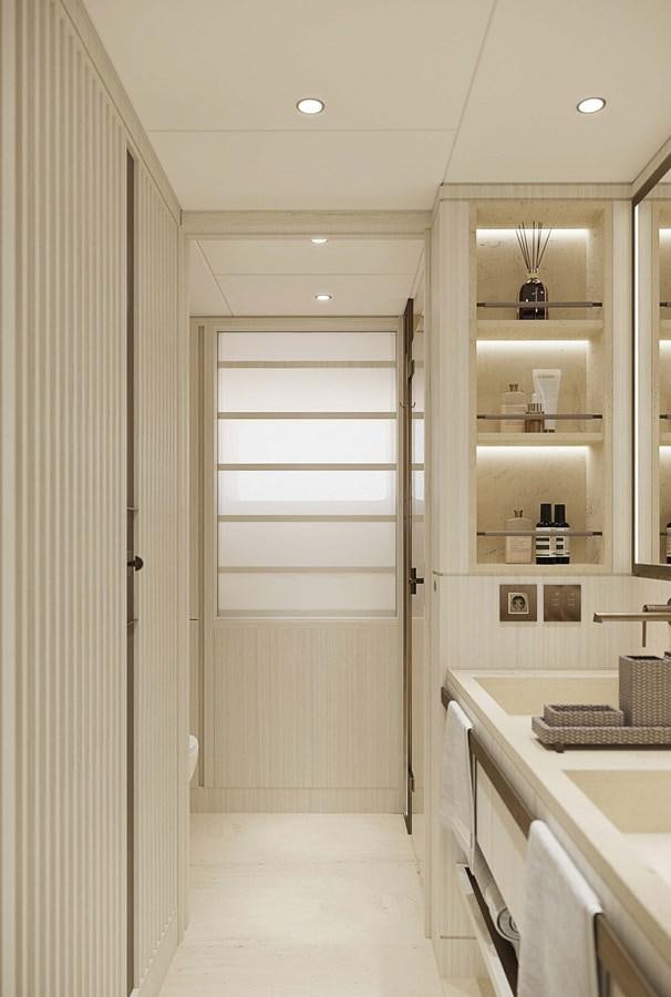 a white kitchen with a white door aboard PROJECT SECRET Yacht for Sale