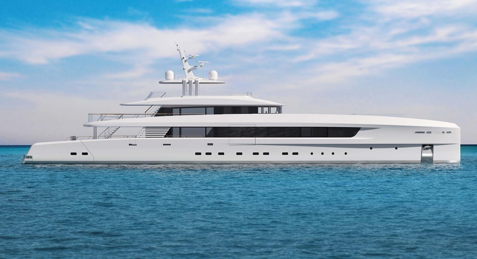a large white yacht in the water aboard PROJECT SECRET Yacht for Sale