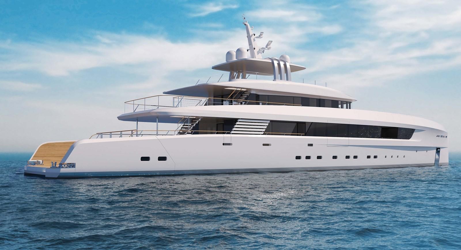 a large white yacht in the water aboard PROJECT SECRET Yacht for Sale