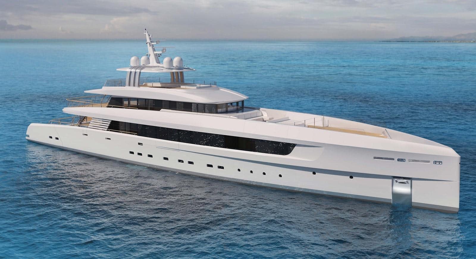 a large white yacht in the water aboard PROJECT SECRET Yacht for Sale