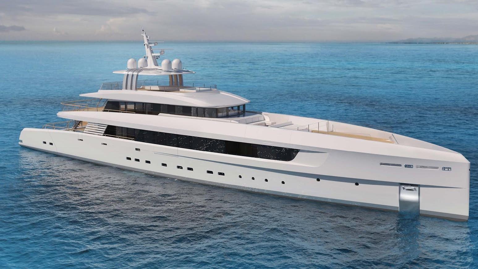 a large white yacht in the water aboard PROJECT SECRET Yacht for Sale