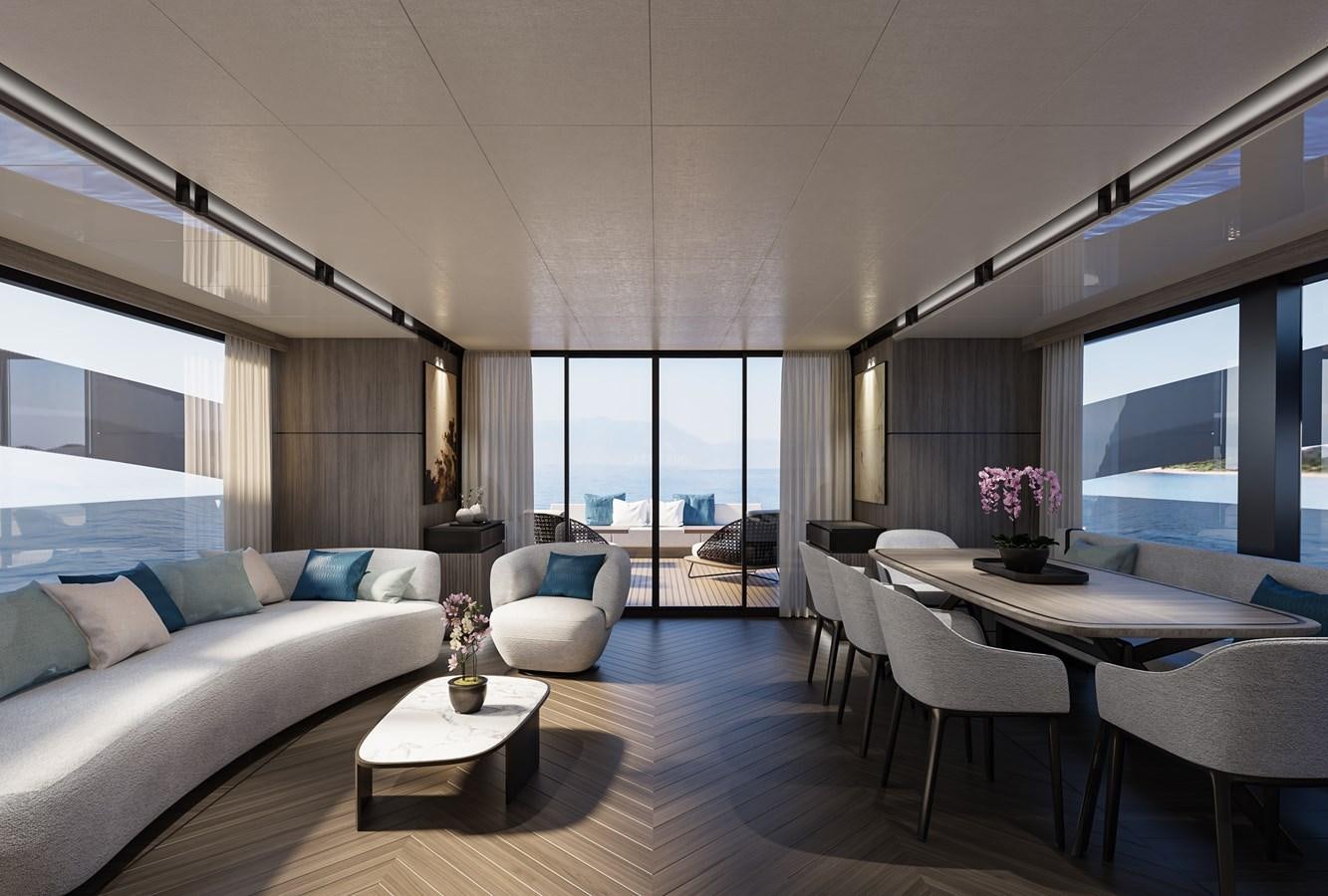 a living room with a large window aboard X90 FAST Yacht for Sale