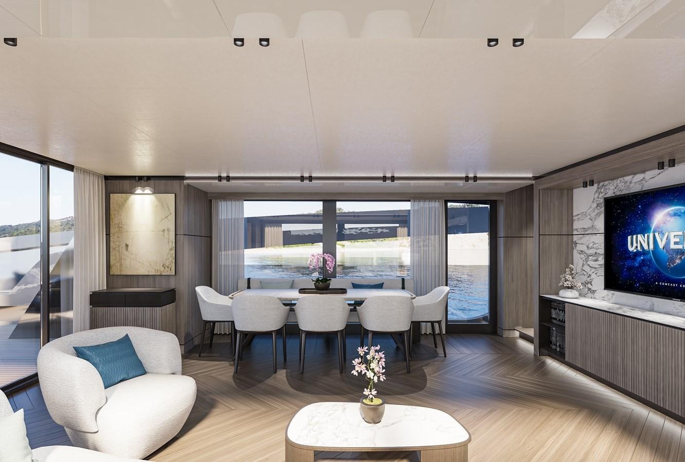 a living room with a large screen aboard X90 FAST Yacht for Sale