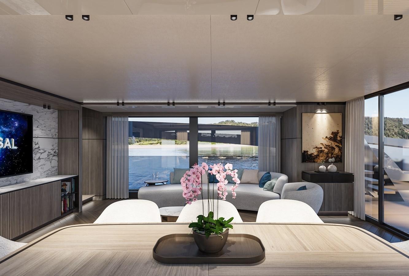 a living room with a large window aboard X90 FAST Yacht for Sale