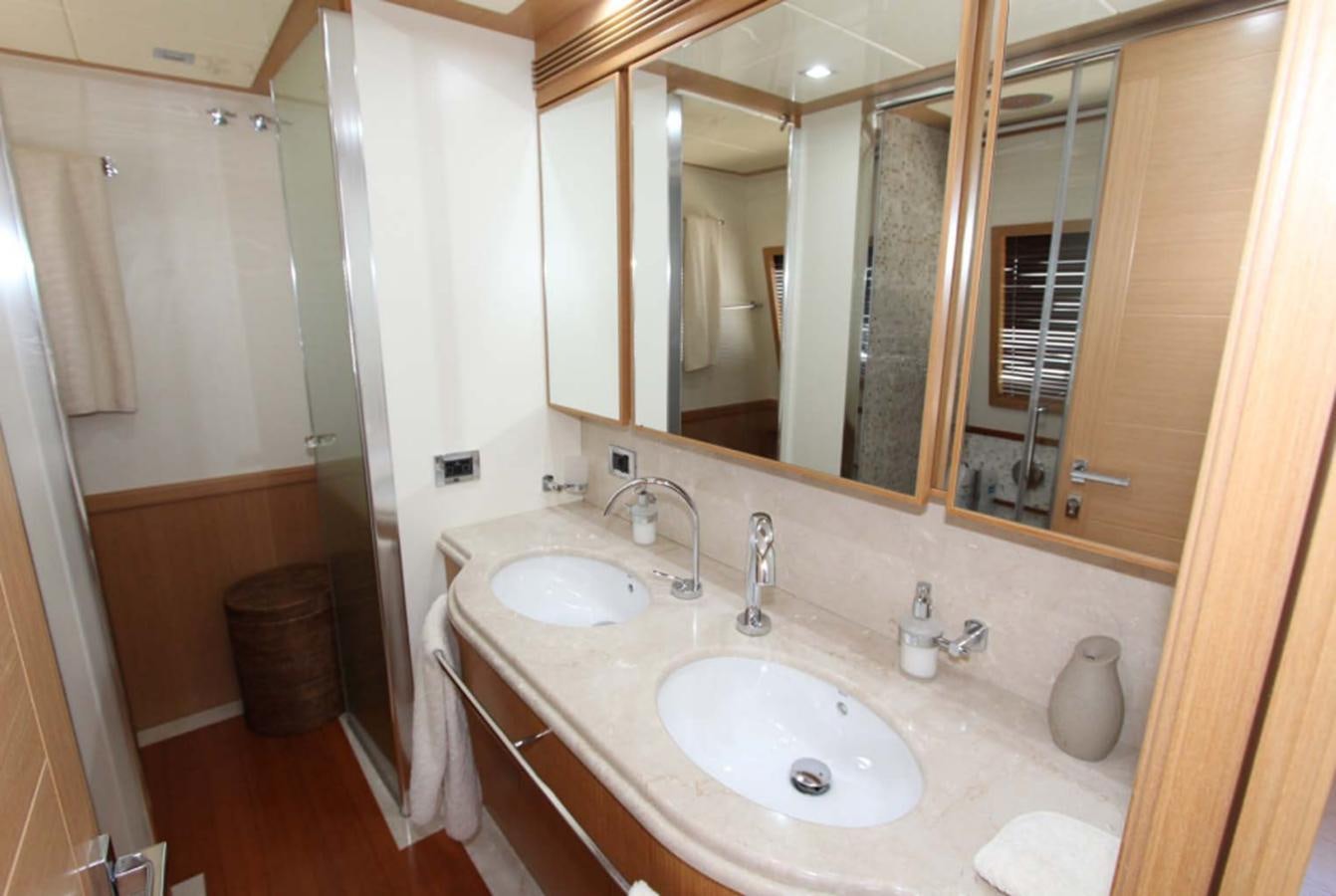 a bathroom with two sinks aboard ALL WE NEED FOR TODAY Yacht for Sale
