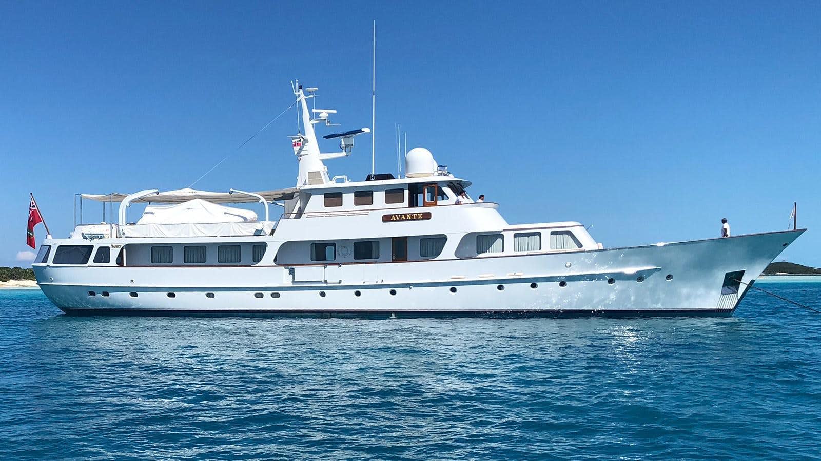 a large white boat in the water aboard AVANTE V Yacht for Sale