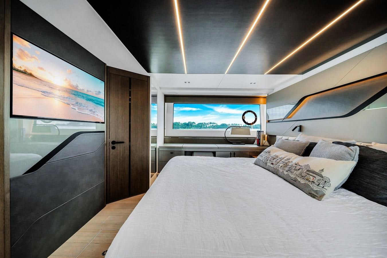 a bed in a room aboard BELLOW DECK Yacht for Sale