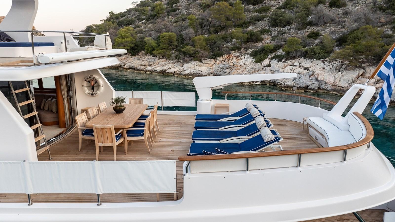 a deck with chairs and tables on it aboard SUNCOCO Yacht for Sale