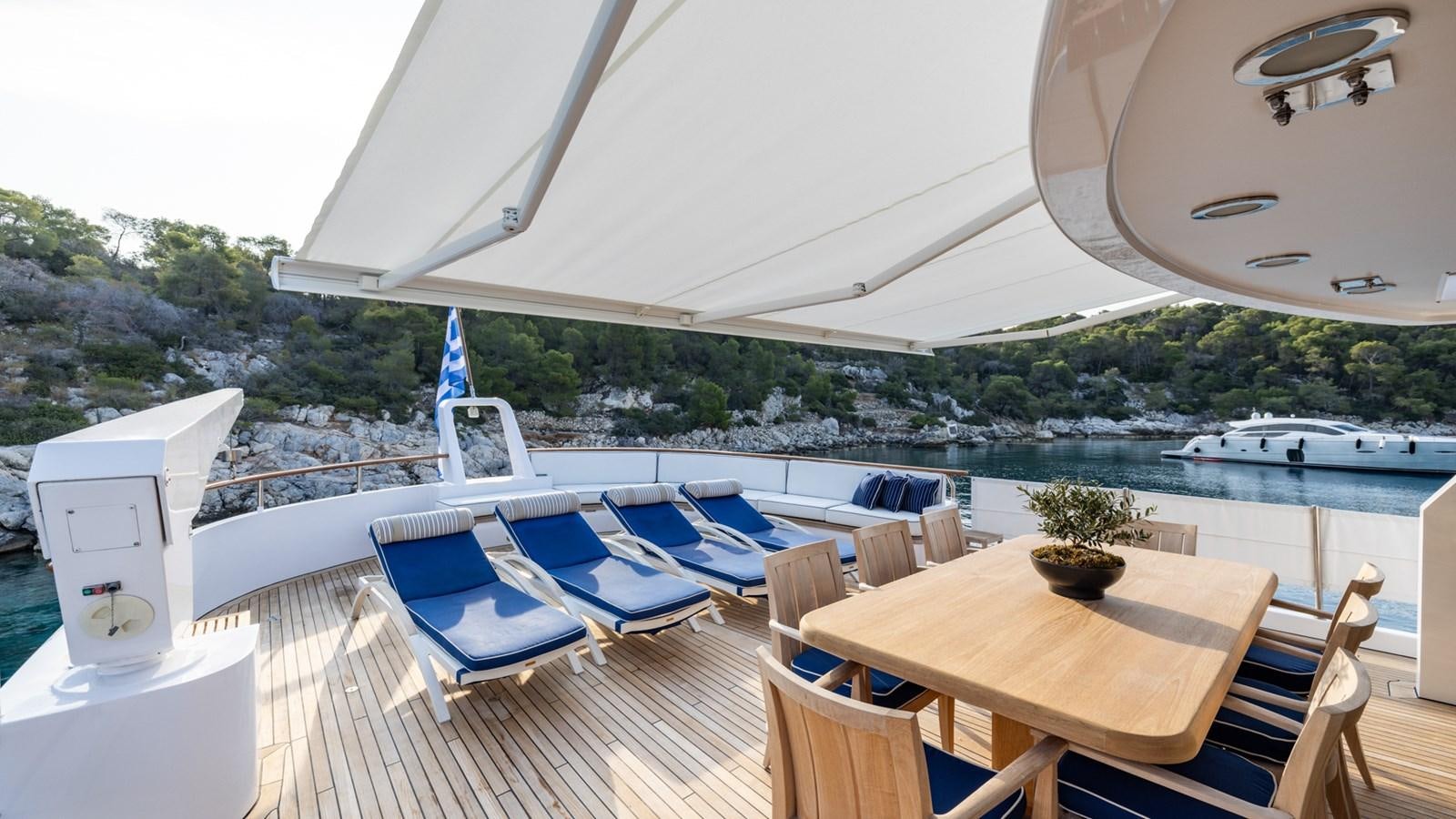 a patio with a table and chairs aboard SUNCOCO Yacht for Sale