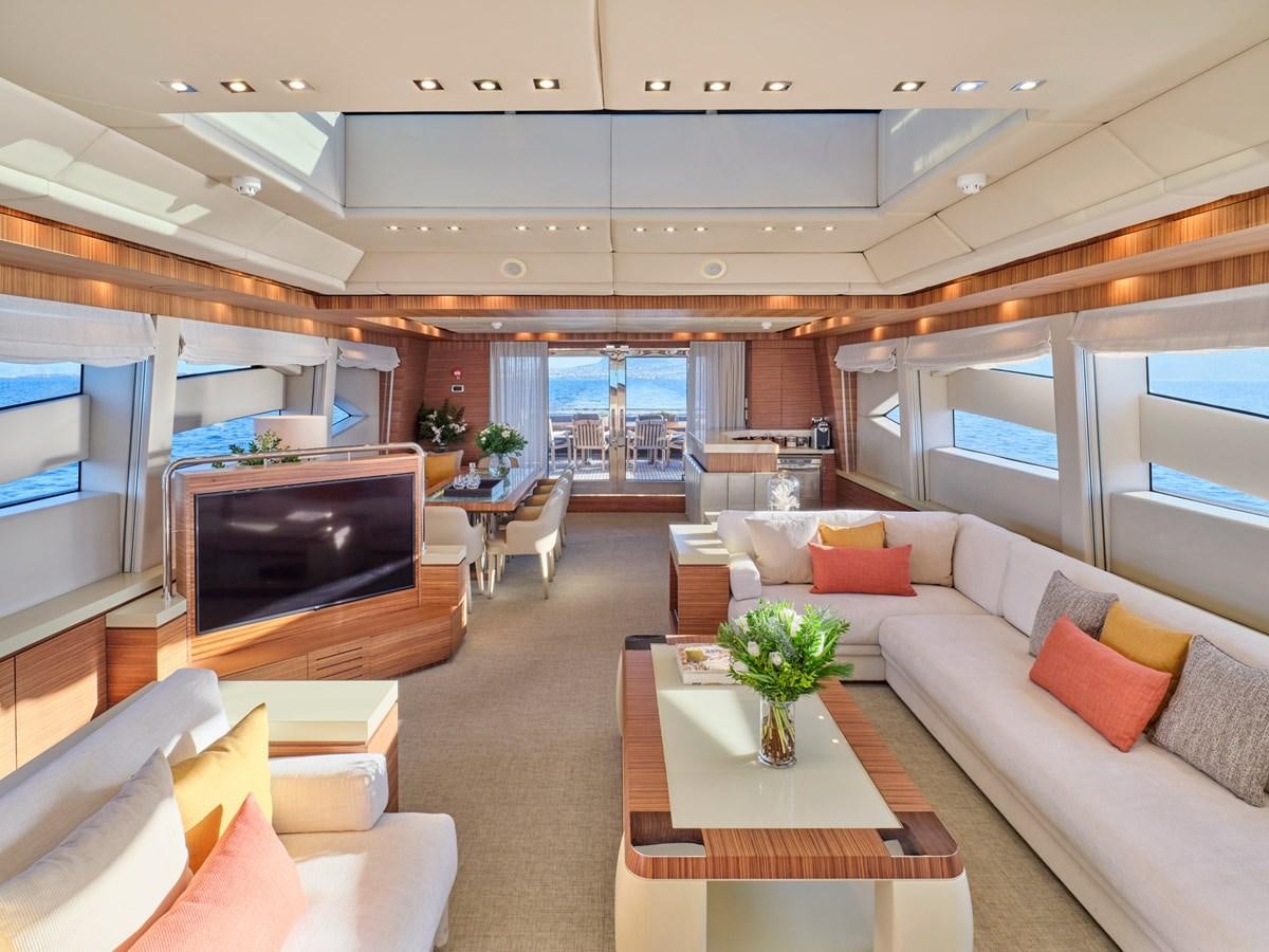 a living room with a tv and sofas aboard O'PATI Yacht for Sale