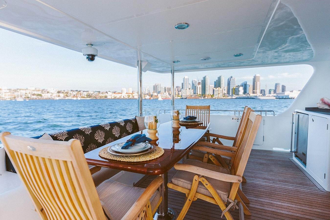 a table on a deck overlooking a city aboard 44 NORTH Yacht for Sale
