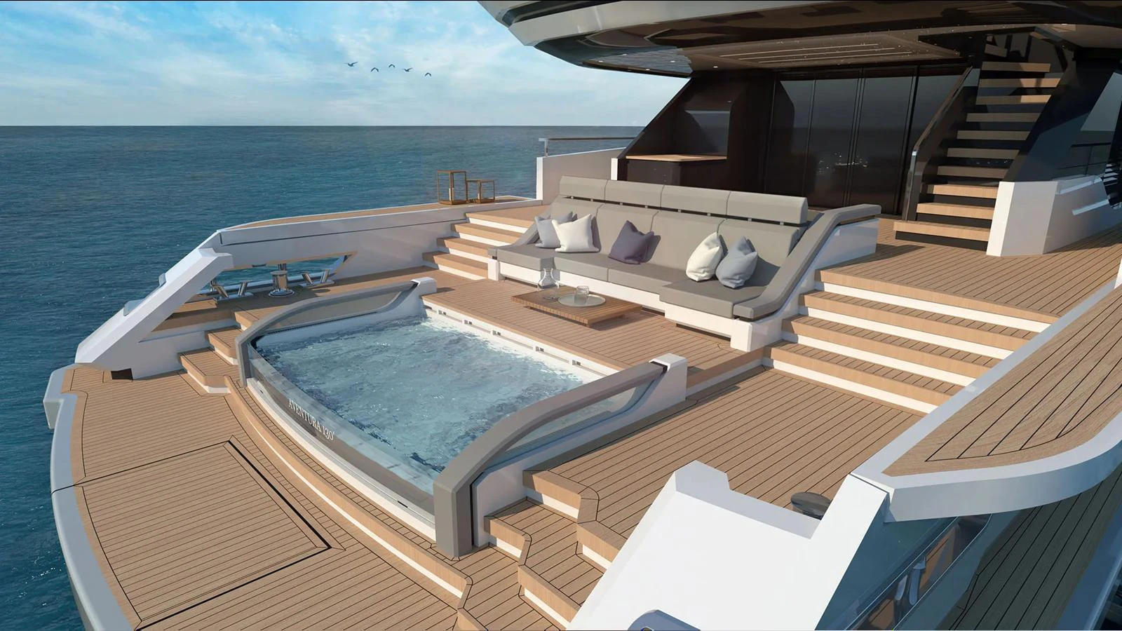 a large swimming pool on a deck overlooking the ocean aboard 2024 INACE AVENTURA 164 Yacht for Sale