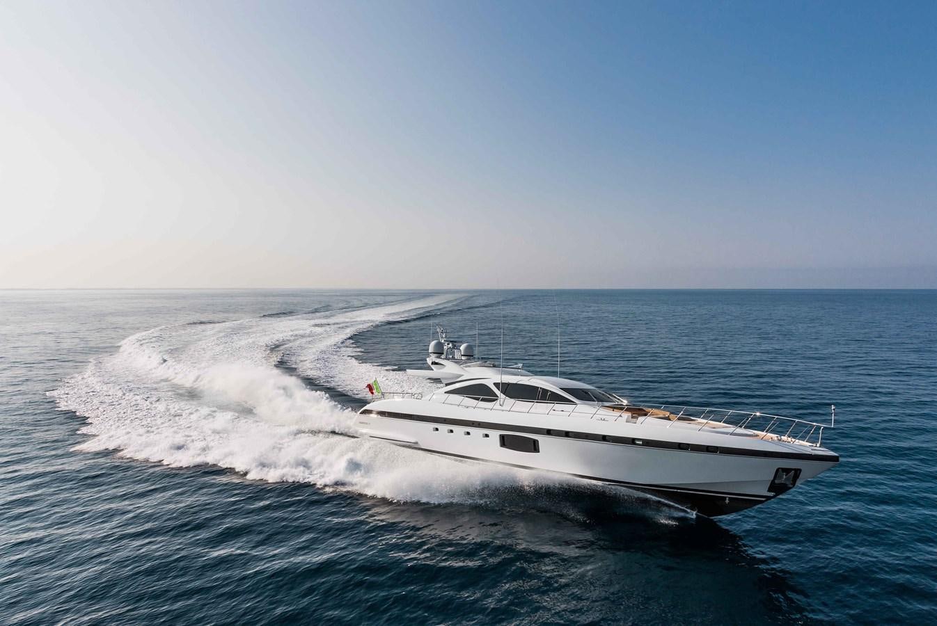 a white yacht in the water aboard MANGUSTA MAXIOPEN 94#2 - MISS BUBBLES - CAREFULLY USED Yacht for Sale