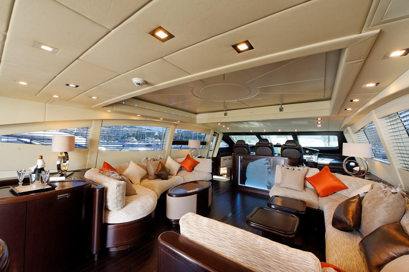 a living room with a large window aboard CLAUDIA'S Yacht for Sale