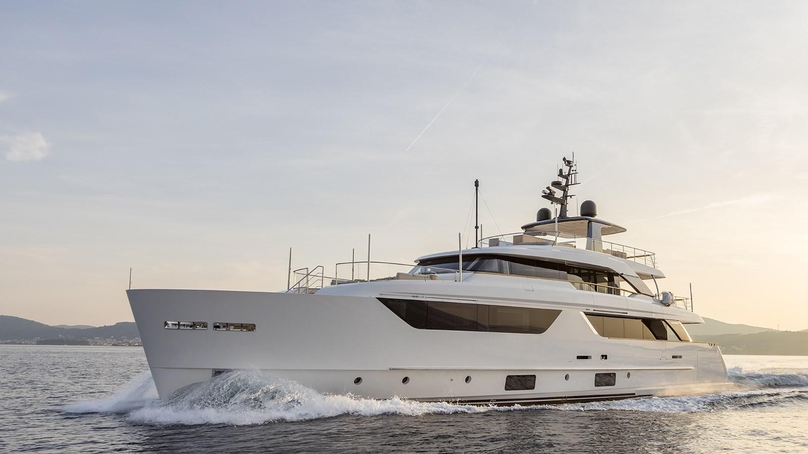 a white boat on the water aboard EROS Yacht for Sale