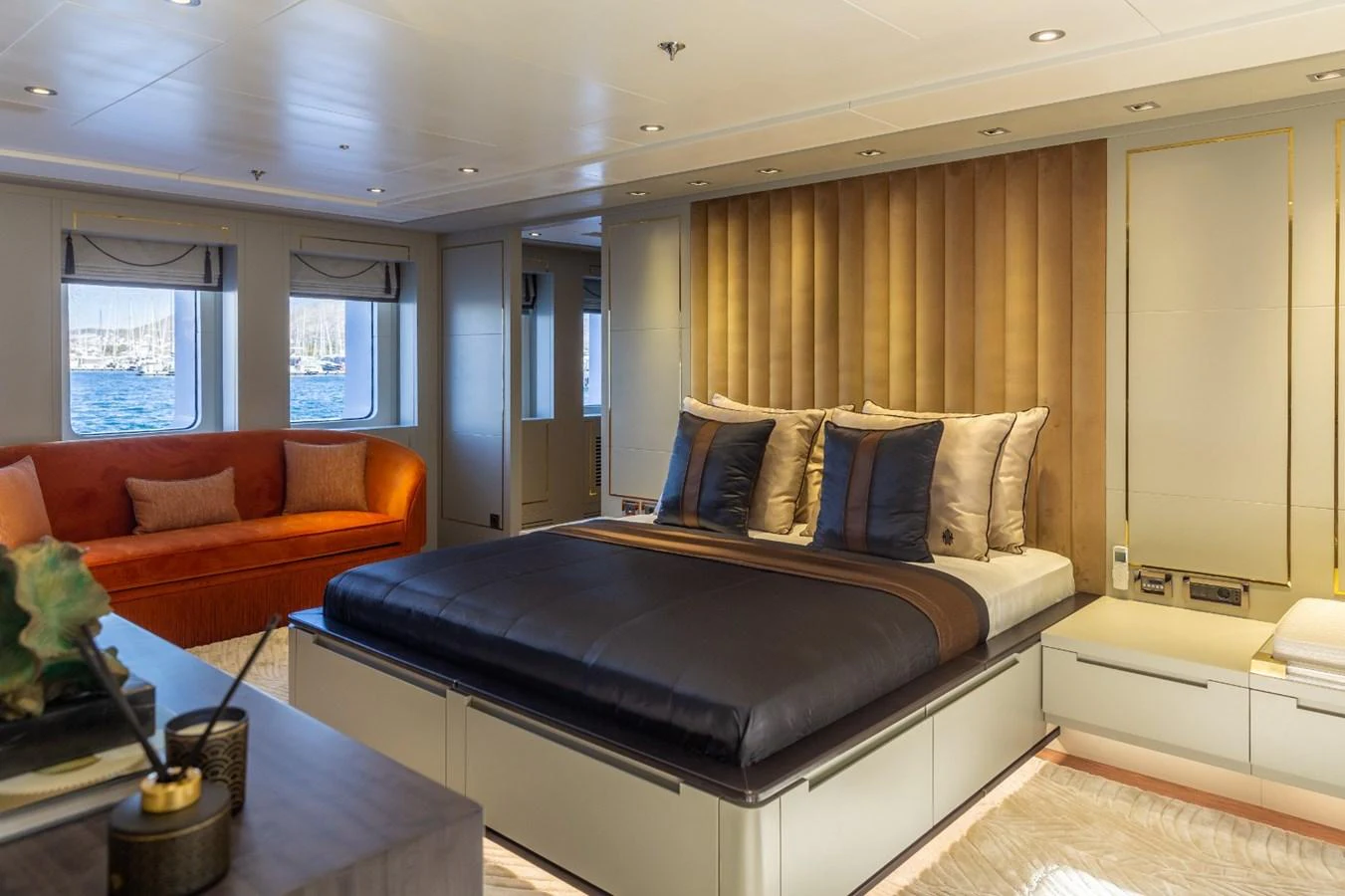 a living room with a couch aboard N.M.N Yacht for Sale
