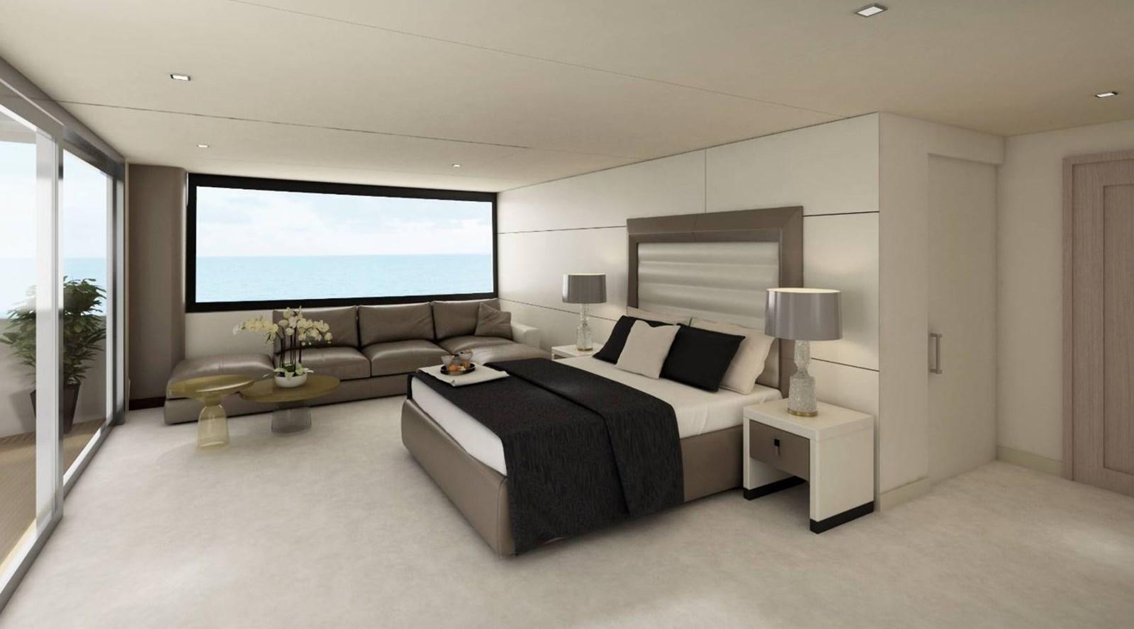 a large bedroom with a large bed aboard INDEPENDENCE 110 Yacht for Sale