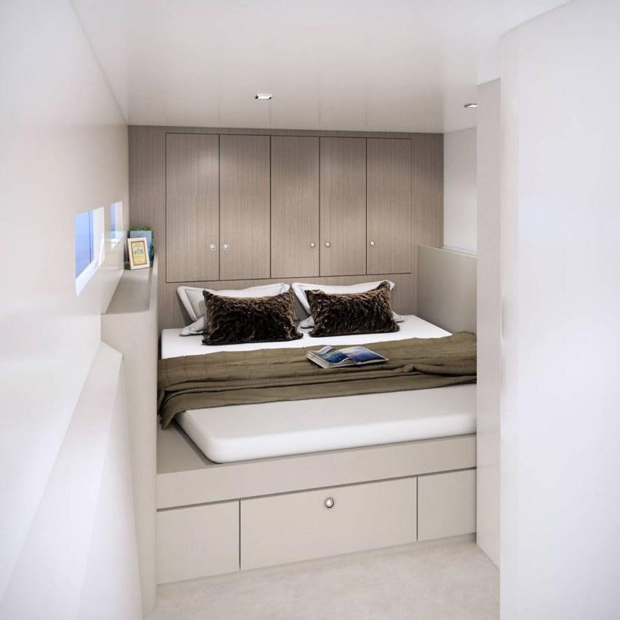 a bed in a room aboard INDEPENDENCE 110 Yacht for Sale